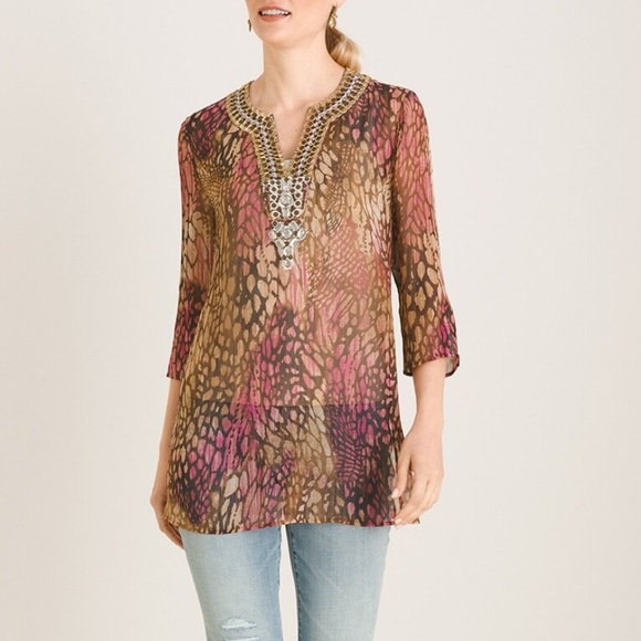 356 Chico’s Embellished Animal Print Tunic - Picture 1 of 14